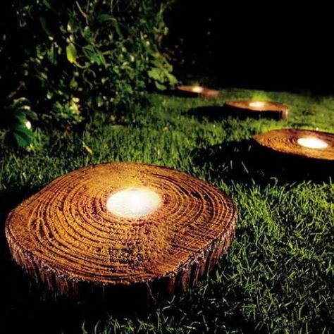 Garden Path Lighting, Tree Stump Ideas, Stump Ideas, Nature House, Diy Outdoor Lighting, Tree Stumps, Path Design, Backyard Lighting, Wood Lamps