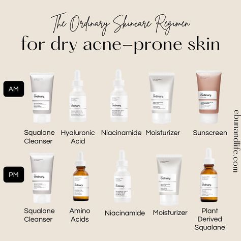 The Ordinary Skincare Routine for Dry Acne Prone Skin The Ordinary Skincare Routine Dry Skin, Dry Acne Prone Skin Care Routine, Ordinary Skincare Routine, Acne Prone Skin Care Routine, Dry Acne Prone Skin, Skincare Esthetician, Cleanser For Dry Skin, Control Oily Skin, The Ordinary Skincare Routine