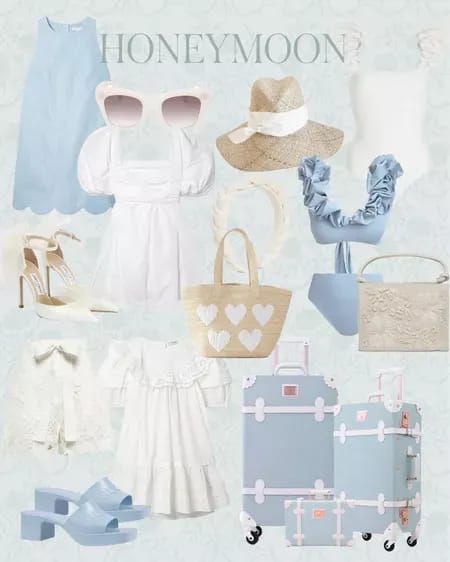 Blue and white honeymoon picks for the bride! Beach vacation outfits Spring trends Cruise Honeymoon Outfits, Honeymoon Matching Outfits, Italy Honeymoon Outfit, Honeymoon Tropical Outfits, Outfits For Honeymoon, Honey Moon Outfit, Honeymoon Outfits Dress To Impress, Honey Moon Outfits The Beach, Honeymoon Asthetic