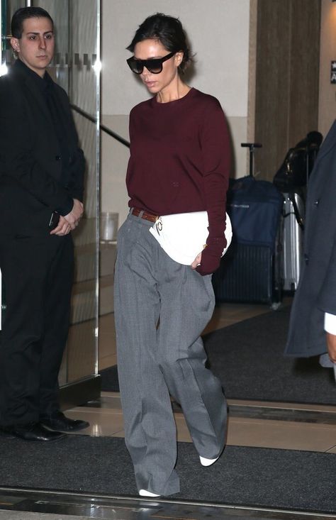 STYLE FILE: VICTORIA BECKHAM — StyleBFFs Gray Wide Leg Trousers Outfit, Gray Wide Pants Outfit, Maroon And Grey Outfit, Wide Leg Grey Pants Outfit, Gray Wide Leg Pants Outfit, Grey Wide Leg Trousers Outfit, Grey Wide Leg Pants Outfit, Crewneck Sweater Outfit, Wide Trousers Outfit