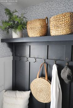 Wallpaper And Board And Batten, Diy Mudroom Wall, Easy Diy Mudroom, Laundry Mudroom, Mudroom Makeover, Wall Makeover, Diy Mudroom, Board Batten, Dear Lillie