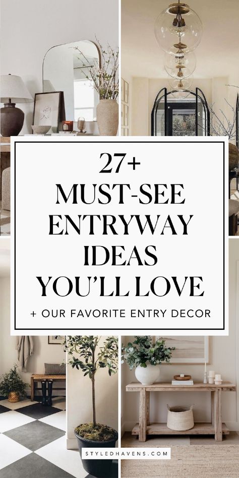 Searching for entryway ideas for your home? Whether your home entryway is small or really wide, you can implement these super stylish entryway decor ideas in ANY space! From entryway console tables to benches and beyond - these simple home decor tips will totally transform your space! (SAVE these entrance ideas to your interior design or home décor board for later!) Inside Entryway Decor, Modern Landing Ideas, Entry Table Foyer, Decorating Front Entry Table, Entry Table Decor No Mirror, Fake Entryway Small Spaces, Foyer Furniture Front Entry, Long Mirror In Foyer Entryway, Foyer Minimalist Entrance