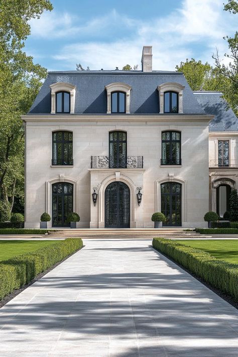 Modern French chateau. Check out all of these lavish luxurious European houses that are real masterpieces. Chateau Exterior French, European Colonial House, Small Chateau House Plans, Single Story French Country Exterior, Modern Chateau House Plans, French Luxury House, Modern French Chateau Floor Plans, French House Architecture, French Architecture Exterior