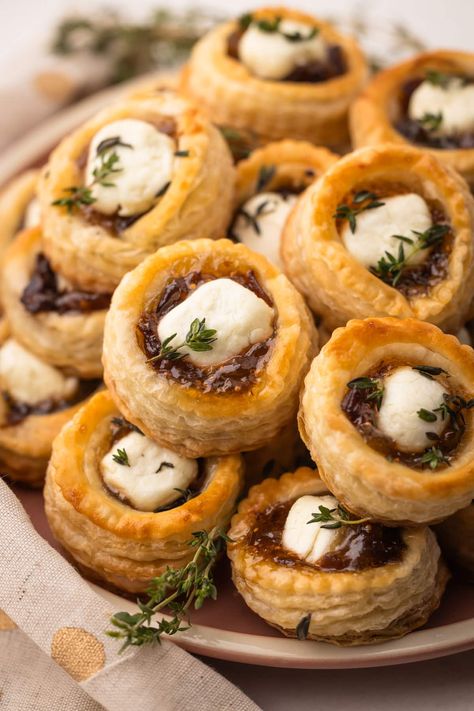 Savory Canapes Ideas, Potluck Individual Servings, Brie Onion Puff Pastry, Christmas Dinner Hors D’oeuvres, Asparagus Pastry Puff Appetizers, French Onion Brie Bites, Caramelized Onion Brie Puff Pastry, Goat Cheese Fig Appetizer, French Onion Brie Puffs With Fig Jam