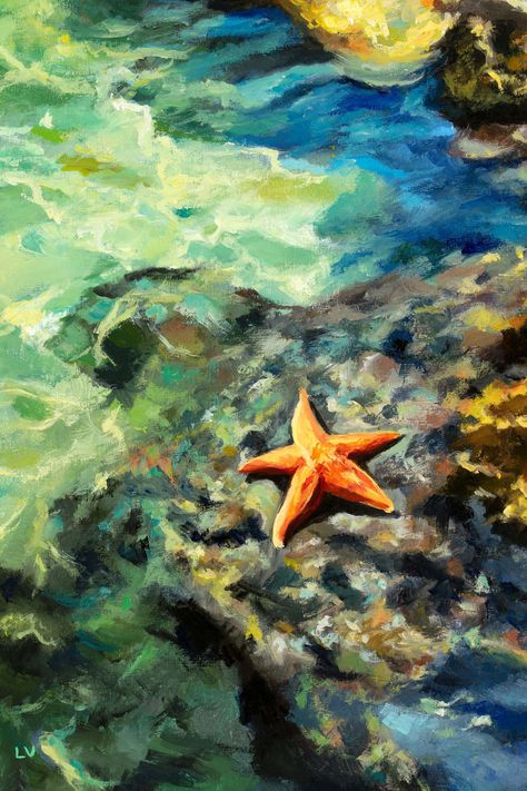 Starfish fine art PRINT. This is a colorful beach oil painting print with a starfish in the seashore, with waves and rocks. It is a perfect piece for hamptons wall art: it will look great in a beachy entryway, over cabinet, above couch... Also a unique addition to a coastal bathroom. Sea Life Artwork, Starfish Painting, Ocean Ideas, Seaside Wall Art, Art Plage, Ocean Artwork, Summer Painting, Inspiration Painting, Ocean Painting