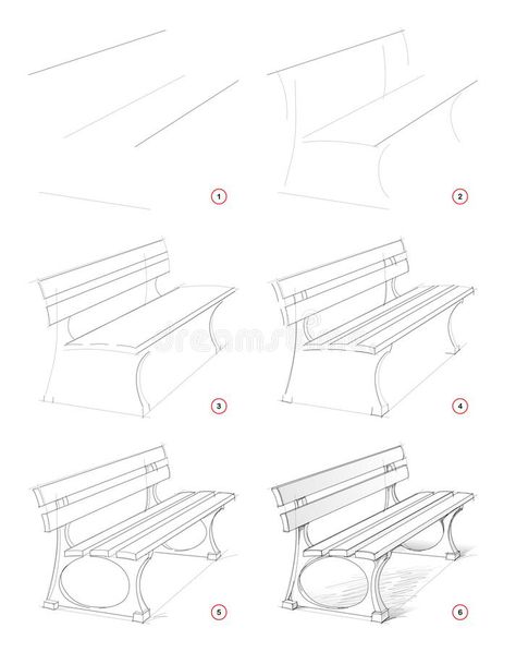 How to draw step by step sketch of imaginary bench in the park. Creation pencil drawing. Educational page for artists. Textbook for developing artistic skills stock illustration Bench Drawing Simple, Step By Step Sketches, Basic Sketching, Drawing Furniture, Draw Step By Step, Graphic Tablet, Architecture Drawing Sketchbooks, Pencil Drawings For Beginners, Perspective Drawing Architecture