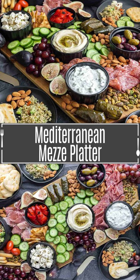 Our Mediterranean version of a charcuterie board, this mezze platter is piled high with meats cheeses, fruits, vegetables, dips, and spreads. This appetizer platter can be any combination of your favorite Mediterranean dishes and/or ingredients. We lean heavily towards Greek items when we make our platter, but there is no wrong way to do it. You can draw from all the Mediterranean regions. Mediterranean Mezze, Meze Platter, Mediterranean Snacks, Mezze Platter, Mediterranean Appetizers, Italian Appetizer, Dips And Spreads, Appetizer Platter, Greek Appetizers