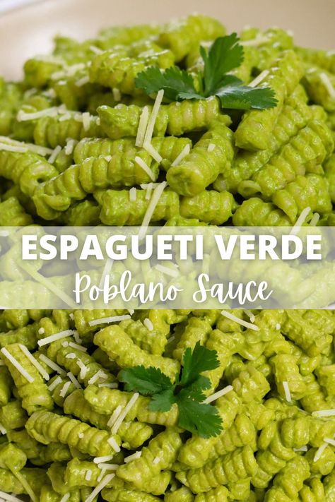 This espagueti verde sauce (green spaghetti sauce) is a creamy, savory Mexican pasta sauce that is absolutely irresistible. This delicious sauce is made with roasted poblano peppers, spinach, onions, Serrano peppers, cilantro, and soaked cashews. The sauce is delicious, savory, a tad bit spicy, and super creamy. It is perfect to toss pasta into but you can also use it as a salsa for tacos, chips, enchiladas, nachos, and so much more! Salsa For Tacos, Easy Vegan Pasta Recipes, Healthy Vegan Meal Prep, Mexican Spaghetti, Easy Vegan Pasta, Cheap Vegan Meals, Serrano Peppers, Mexican Pasta, Healthy Vegan Dinner Recipes