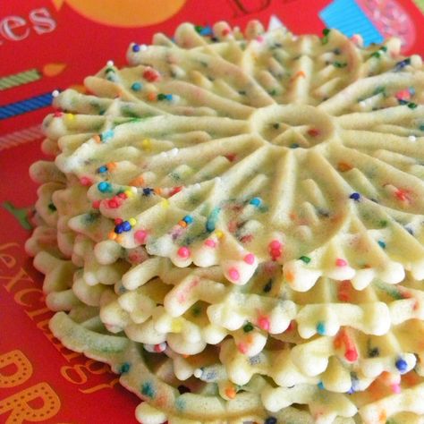 We grew up eating pizzelle & love them. When I saw a picture online of a colorful pizzelle, it caught my interest. Rather than try that recipe, I stuck with my mother's & added sprinkles for color. They also add a bit of crunch. Pizelle Recipe, Pizzelle Recipe Italian, Cookies With Sprinkles, Pizzelle Cookies, Pizzelle Recipe, Italian Cookie, Italian Cookie Recipes, Recipe Italian, Italian Cookies