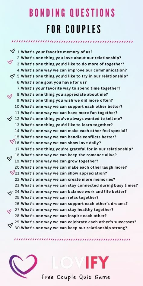 Bonding Questions for Couples | Get Lovify App For Fun Couple Quizzes Game For Couples Question, Game Night Questions For Couples, New Couples Questions, Fun Couple Games Questions, Dates Night Ideas, Intimate Questions For Couples Conversation Starters, Relationship Truth Or Dare Questions, Questions Games For Couples, Couple Date Night Questions