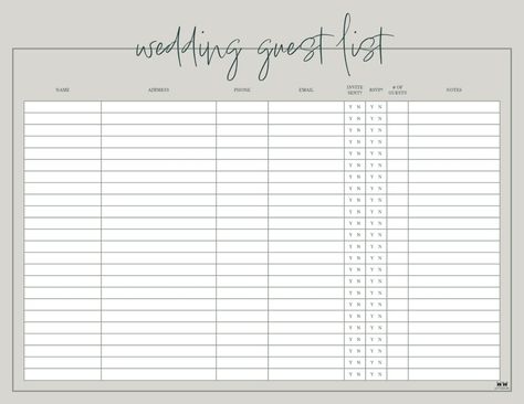 Choose from 20 unique wedding guest list templates to track your invite list, sent and RSVP status, number of guests, and more. 100% FREE. Print from home! Wedding Guest List Printable, Guest List Template, Wedding Guest List Template, Wedding Guest List, Free Print, List Template, Guest List, Grad Parties, Grad Party