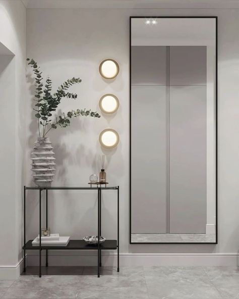 Home Entrance, Home Entrance Decor, White Room, Entrance Decor, Large Mirror, Modern Bathroom, Home Interior, Hallway, Entrance