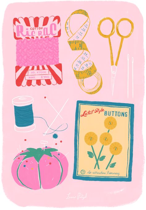 pretty in pink art print featuring vintage sewing and craft supplies illustration, including ric rac, kitschy novelty buttons, and a pink tomato pin cushion. a great addition as framed art wall decor to add flair to any crafting or sewing room that will inspire great creative ideas!  #crafting #sewing #craftroom #sewingideas #vintage #retro #artprint #walldecor #vintageinspired Vintage Sewing Art, Sew Illustration, Cute Retro Illustration, Crafting Illustration, Diy Illustration, Sewing Aesthetic Wallpaper, Sewing Graphic Design, Craft Supplies Aesthetic, Sewing Graphics