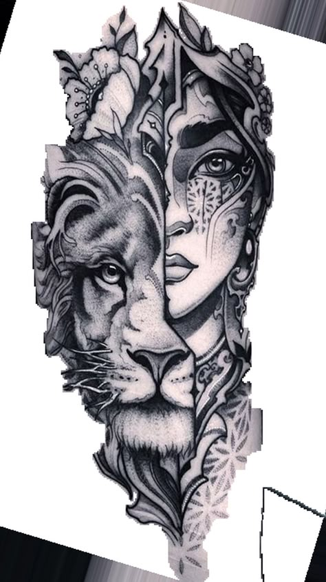 Goddess Lion Tattoo, Goddess Tattoo Design Leo, Tiger Female Tattoo, Lioness Woman Tattoo, Animal Goddess Tattoo, Ink Master Tattoos Galleries, Lion Tattoo For Women Sleeve, Fierce Lioness Tattoo, Black Female Warrior Tattoo