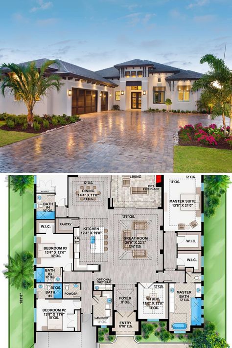 Rear Elevation, Unique House Plans, Modern House Floor Plans, House Plans Mansion, Free House Plans, House Plans One Story, Beach House Plans, 4 Bedroom House Plans, House Plan Gallery