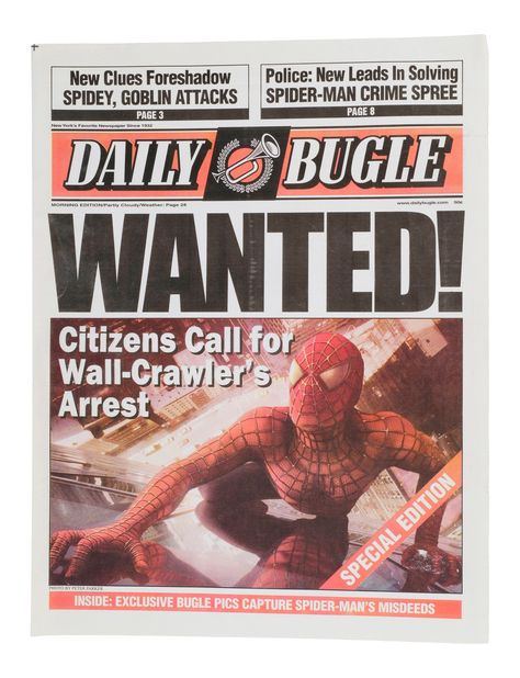 Lot #1537: SPIDER-MAN (2002) - Three Daily Bugle Newspapers Spider Man Newspaper, Im Spiderman, The Daily Bugle, Dragon Origami, Camera Movie, Spiderman 2002, Spider Man 2002, Daily Bugle, One Piece World