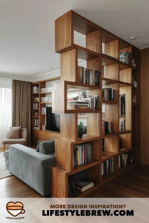 40+ Living Room Partitions Design Ideas (Stunning Inspiration!) Open Shelves As Room Divider, Define Space In Open Concept, Open Book Case Room Divider, Home Partition Ideas, Living Room Divider Ideas Wall Dividers, Open Concept Living Room Ideas, Living Room Partitions, Kitchen Living Room Open Concept, Partitions Design