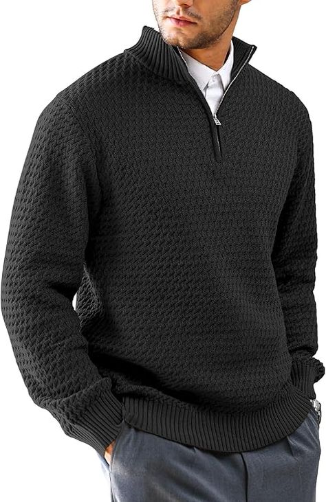 KAVIANA Men's Quarter Zip Sweater Turtleneck Mock Neck Pullover Ribbed Knit Casual Polo Sweaters at Amazon Men’s Clothing store Mens Quarter Zip Sweater, Mens 1/4 Zip, Casual Pullover Sweater, Mens Quarter Zip, Sweater Turtleneck, Stylish Jeans, Winter Pullover, Zippered Sweater, Long Sleeve Casual Dress