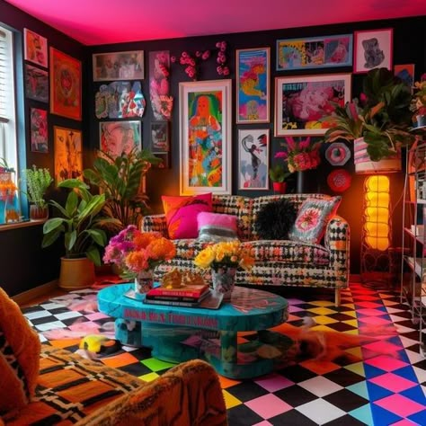 Colorful Maximalist Home Decor, Neat Maximalist, Thrifted Eclectic Decor, Opulent Interior Design, Electric Maximalist Decor, Whimsy Decor Interior Design, Wall Art Maximalist, Maximalist Loft Apartment, Maximalist Lounge Room