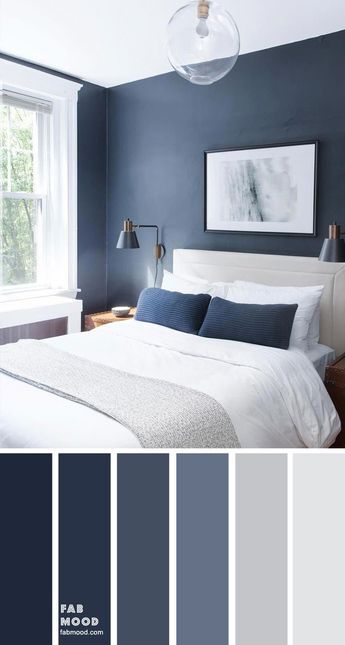 Looking for a calm and soothing bedroom paint color? Consider this dark blue and light grey color scheme for you bedroom. Please see an... Bedroom Colour Schemes Blue, Grey Colour Scheme Bedroom, Grey Bedroom Colors, Light Gray Bedroom, Soothing Bedroom, Beautiful Bedroom Colors, Blue Bedroom Walls, Bedroom Wall Colors, Bedroom Color