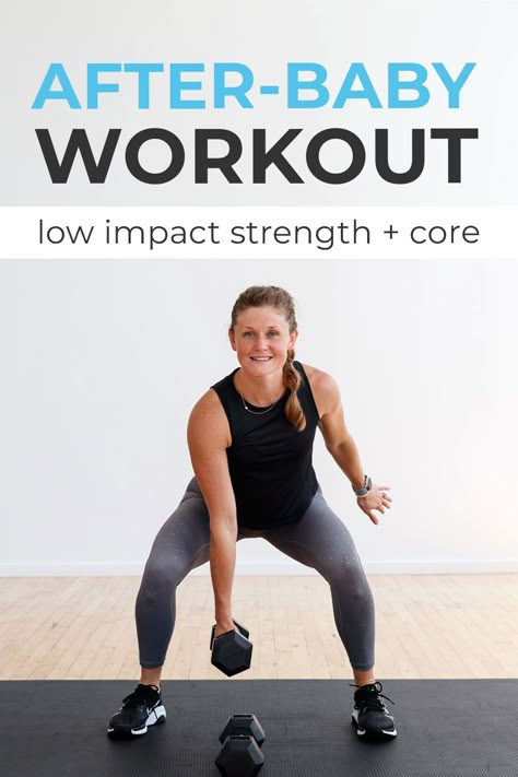 Nine of the best postpartum exercises to build strength at home. Whether you're a couple months postnatal or several years post-baby; this 30-minute full body strength workout is a safe and low-impact workout you can do at home with dumbbells. This postnatal workout includes: Diastasis Recti (DR) safe ab exercises, pelvic floor strengthening exercises, and low impact, full body functional strength training. Low Impact Postpartum Workout, Post Natal Exercise, Postpartum Gym Workout Plan, Postpartum Core Exercises, Postpartum Workout Breastfeeding, Postpartum Workout Plan, After Baby Workout, Postpartum Exercises, Full Body Strength Workout