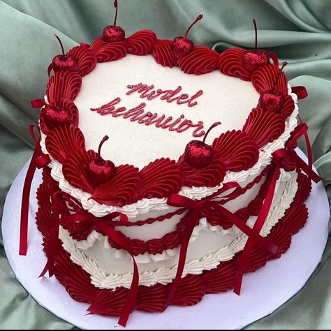 Simple But Elegant Birthday Cakes, 18th Birthday Cake Red And White, Red And White Cake Aesthetic, Vintage Christmas Cake Designs, Cheery Theme Birthday, Birthday Cake 29 Woman, Cherry Bday Cake, Valentine’s Day Birthday Cake, Heart Cake For Boyfriend