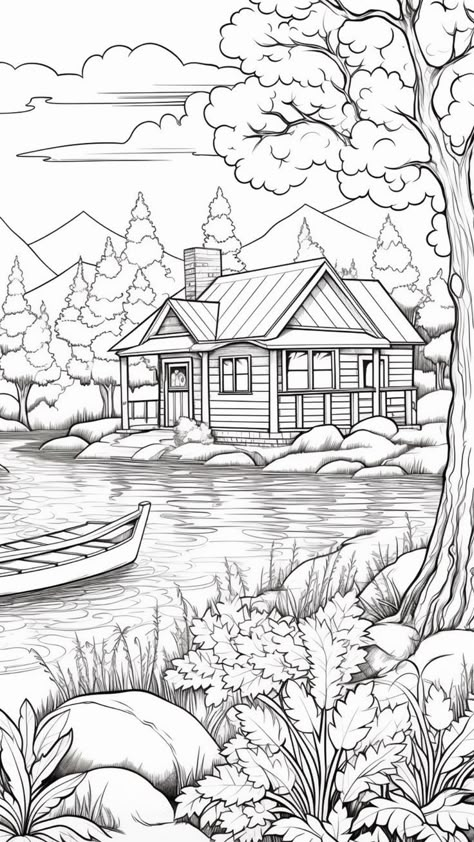 Fall Coloring Pages For Adults, Free Adult Coloring Printables, Coloring Pages Nature, Adult Coloring Books Printables, Abstract Coloring Pages, Fall Coloring, House Colouring Pages, Adult Colouring Printables, Autumn Lake