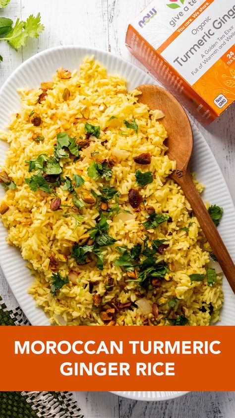 Spice up your weeknight with our Turmeric Ginger Moroccan Rice recipe, a vibrant, healthful dish that's as delightful to eat as it is easy to prepare. Steeped in Give a Tea™ Organic Turmeric Ginger tea, this recipe not only imparts a rich, aromatic flavor but also harnesses the benefits of turmeric and ginger. The exotic dish is enhanced with NOW Real Food® Organic Apricots and crunchy Roasted Salted Pistachios, making it the perfect vegan side dish that's sure to be a hit! Ginger Turmeric Recipes, Turmeric Food Recipes, Tumeric Honey Ginger, Dishes With Tumeric, Cooking With Turmeric Powder, Ginger Tumeric Recipes, Recipes With Turmeric And Ginger, Turmeric Recipes Inflammation, Moroccan Rice Recipe