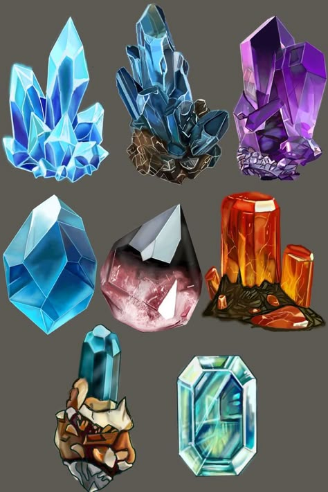 Gem Drawing Crystals, Crystals Concept Art, Crystals Digital Art, Crystals Drawing Reference, Crystal Reference Drawing, Fantasy Gemstone Art, Crystal Drawing Tutorials, How To Draw Crystals, Crystals Drawings