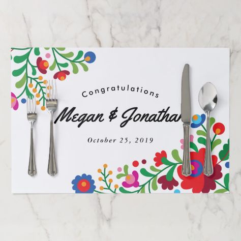 Mexican Embroidery Customized Paper Placemats | Zazzle.com Placemats For Wedding, Wedding Anniversary Celebration, Mexican Embroidery, Paper Placemats, Mexican Theme, Paper Place, Mexican Wedding, Gifts For An Artist, Wedding Rehearsal