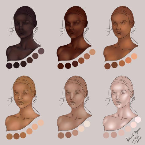 Dark Skin Tones Palette Art, Skin Tone Chart Digital Art, Digital Art Skin Tones, Black Skin Palette Digital Art, How To Digitally Paint Skin, Digital Art In Photoshop, How To Shade Black Skin, How To Render Skin Procreate, How To Color Black Skin