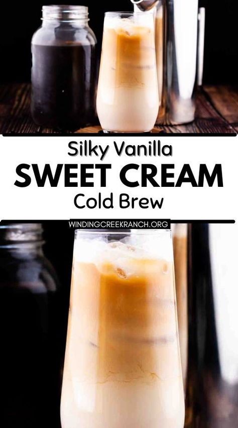 Elevate your coffee game with this smooth and creamy Vanilla Sweet Cream Cold Brew! This refreshing iced coffee combines rich, bold cold brew with a velvety vanilla sweet cream for the perfect balance of flavors. Easy to make at home, it's a yummy pick-me-up for any time of day. Cold Brew Vanilla Iced Coffee, Starbucks Sweet Cream, Vanilla Cold Brew, Vanilla Sweet Cream Cold Brew, Vanilla Iced Coffee Recipe, Sweet Cream Cold Brew, Vanilla Sweet Cream, Vanilla Iced Coffee, Cold Brew Coffee Recipe