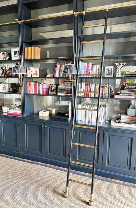 Bespoke Patinated Brass Bookcase Library Ladder and Rails - Andrew Nebbett Designs Built In Bookshelves With Ladder, Book Shelves With Ladder, Library Wall With Ladder, Home Library With Ladder, Bookshelves With Ladder, Brass Bookcase, Diy Library Ladder, Library Ladders Rolling, Library With Ladder