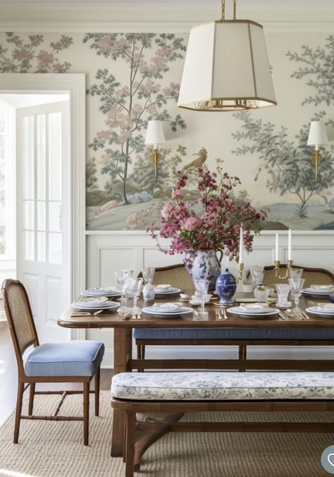 Colonial Interior, Classic Dining Room, Countryside Cottage, Grand Millennial, Farmhouse Interior Design, Dining Room Wallpaper, Traditional Interior Design, Rooms Ideas, Cottage Interior