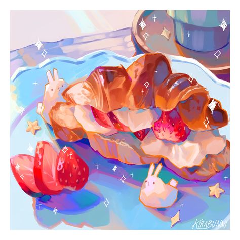 Strawberry Croissant, Idea Illustration, 귀여운 음식 그림, Foodie Art, Food Artwork, Food Illustration Art, Cute Food Drawings, Cute Food Art, Food Painting