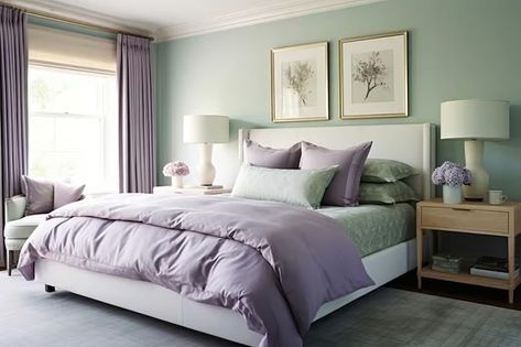 What Color Goes With Lilac? - Calming Shades of Pastel Purple Light Purple Color Palette Bedroom, Lilac Master Bedrooms Decor, Sage And Purple Bedroom, Green And Lavender Bedroom, Lilac And Green Bedroom, Sage Green And Lavender Bedroom, Sage And Lavender Bedroom, Lavender And Sage Bedroom, Sage Green And Purple Bedroom