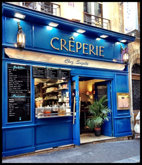 Chez Suzette - Some of the best crepes in Paris, France! Love the royal blue front of the restaurant - a beautiful color! Crepes In Paris, Best Crepes, Restaurant Paris, Paris Cafe, Shop Fronts, I Love Paris, Office Shop, Paris Photo, Love Paris