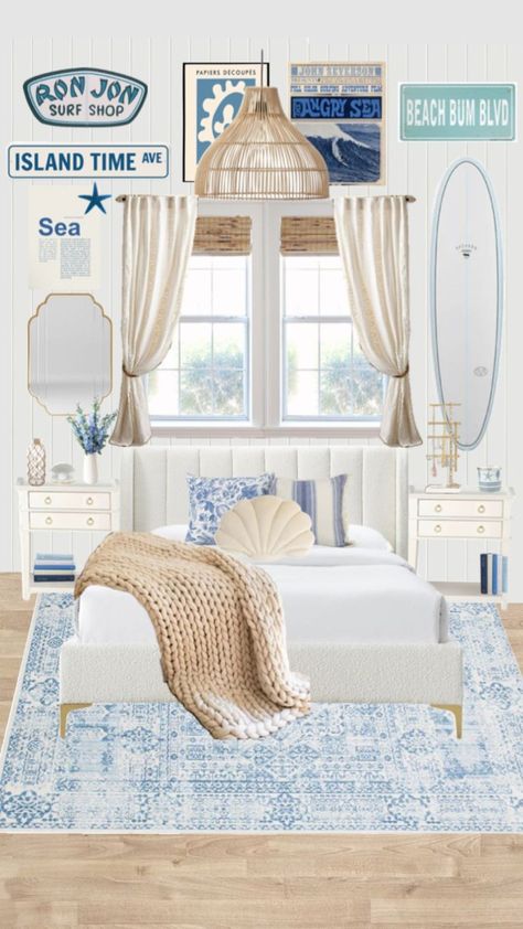 coastal bedroom inspo 🪬🪞 #inspo #bedroom #coastal #coastalbedroom #coastalinspi Beach Wallpaper Room, Costal Bedroom Aesthetic Blue, Coast Bedroom Ideas, Ocean Aesthetic Bedroom Ideas, Costal Granddaughter Dorm Room Decor, Coastal Granddaughter Bedroom Ideas, Aesthetic Coastal Bedroom, Bohemian Beach Bedroom Ideas, Costal Preppy Bedroom