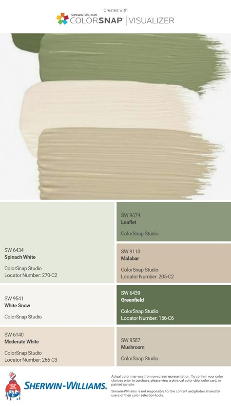 Paint Color Schemes With Sage Green, Soft Green Painted Furniture, Colour Palette For Home Decor, Safe Green Palette, Sherwin Williams Broccoflower, Sage House Color Palette, Home Office Inspiration Color Palettes, Wall Colors That Go With Sage Green, Sage Green Room Color Palette