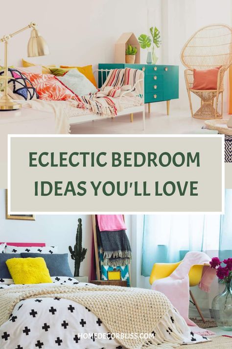 Dive into eclectic decorating, where a myriad of inspirations converge. Relish in combining various eras, colors, and patterns to mirror your unique flair. Elevate your space and let your creativity shine with eclectic decor! Colorful Bedroom With White Walls, Modern Eclectic Bedroom Ideas, Relaxing Eclectic Bedroom, Eclectic Bedroom White Walls, Eclectic Teen Room, Female Room Decor Ideas, Eclectic Bedrooms, Funky Bedroom Ideas Bohemian, Bright Color Bedroom Ideas For Adults