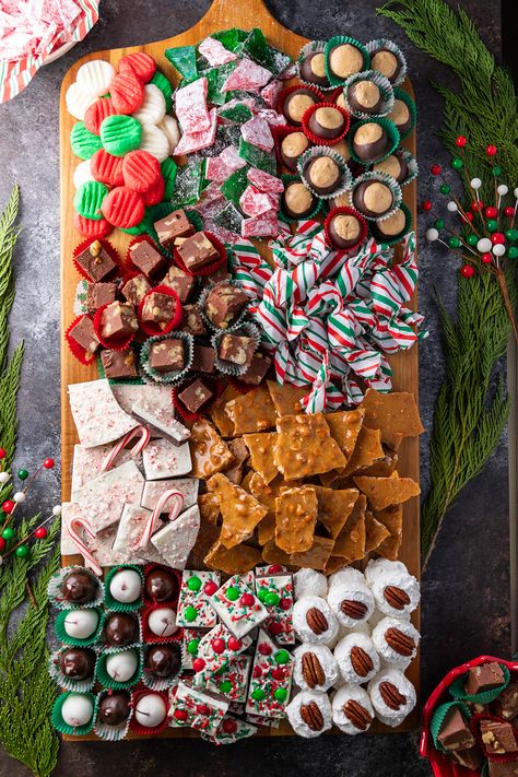 Old-Fashioned Christmas Candy Dessert Board - loaded with Homemade Fudge, Grandma's Peanut Brittle, Peanut Butter Balls, Classic Divinity Candy and more classic homemade Christmas candy. Sweets Board Christmas, The Best Christmas Appetizers, Holiday Dessert Board Platter, Christmas Chocolate Charcuterie Board, Christmas Sweets Platter, Christmas Dessert Board Platter, Christmas Cookies Charcuterie Board, Christmas Sweet Board, Classic Christmas Appetizers