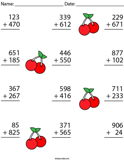 3 Digit Addition Challenge Math Worksheet - Twisty Noodle 3 Digit Subtraction, Holiday Math Worksheets, Fun Math Worksheets, Homework Worksheets, Math Enrichment, Math Practice Worksheets, Free Printable Math Worksheets, 4th Grade Math Worksheets, Holiday Math