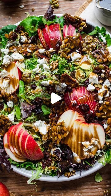 Lexi Harrison & Beth Sinclair on Instagram: "Crunchy Apple & Shaved Brussels Sprout Salad with the BEST pecan/pepita brittle, cranberries, feta, and a creamy dijon balsamic vinaigrette! 🍁🍎

Comment ‘RECIPE’ and I’ll send the recipe straight to your DMs 💌 or bookmark the recipe below 👇

I love love love this salad! It has so many crunchy elements (the pecan pepita brittle is just 🙌) and it just tastes like fall. 

To make it a full meal, you can add a protein of choice (grilled chicken is great!) and even a grain like wild rice or quinoa to make it extra filling. If you add one or both, you may want to 1.5x the vinaigrette to make sure you have enough! 

The brittle is absolutely addictive and we actually love it as a snack too! Just warning you now, you might want to make an extra bat Salads Fall, Salad Recipes Fall, Apple Pecan Salad, Gf Salads, Fall Salad Recipes, Simple Balsamic Vinaigrette, Pecan Brittle, Salad With Balsamic Vinaigrette, Salad Meals