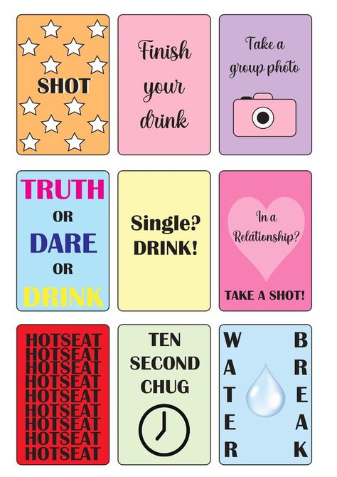 Cute inspo drinking game for girls night. Diy Drinking Card Games, Game For Girls Night, Girls Night Drinking Games, Drunk Games, Alcohol Games, Drinking Card Games, Diy Party Games, Drinking Games For Parties, Fun Drinking Games