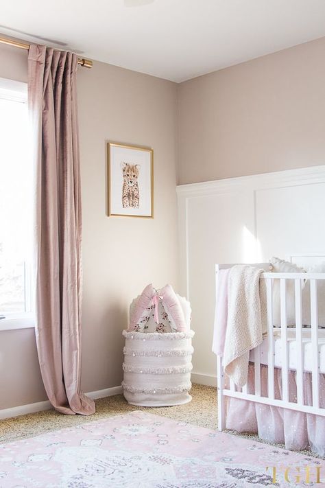 Blush Pink Velvet Curtains with Pink and Gold Baby Room Decor The Greenspring Home, Curtain Ideas For Nursery, Floor To Ceiling Curtains Nursery, Pink Mauve Nursery, Pink And Tan Nursery, Tan And Pink Nursery, Pink And Cream Nursery, Nursery Curtain Rod, Simple Girl Nursery Ideas