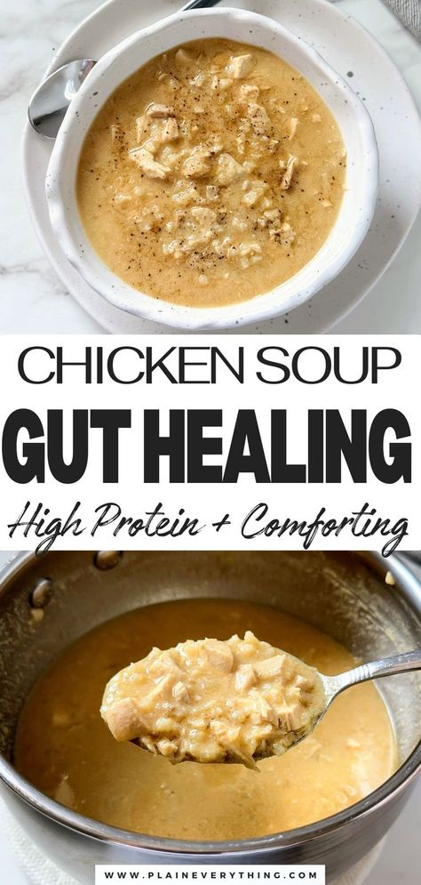 Easy High Protein Chicken Congee Soup Chicken Congee Recipe, Gut Healing Soup, Chicken Congee, Congee Recipe, Health Soup, High Protein Chicken, Healing Soup, Chicken Stock Recipe, Bariatric Friendly Recipes