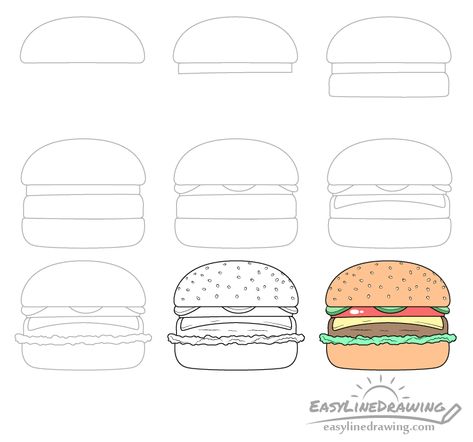 How to Draw a Burger Step by Step - EasyLineDrawing Hamburger Drawing, Tomato Drawing, Burger Drawing, Cheese Drawing, Panini Hamburger, Easy Burgers, Draw Food, On A Bun, Recipe Drawing