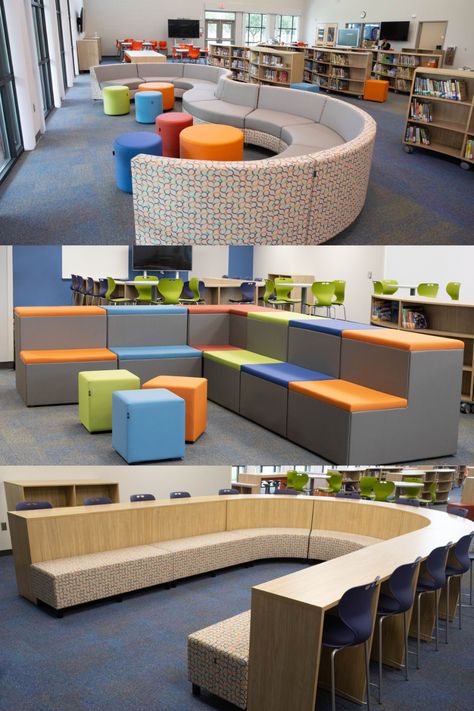 Library In Office Space, School Media Center Design, Elementary Library Furniture, School Furniture Ideas, Library Ideas For School, School Library Design Interior, Student Lounge Design, Learning Center Design, School Classroom Design