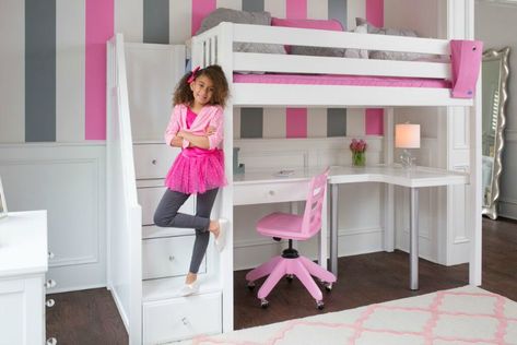 Back to School Ready with Kids Study Loft Beds with Desk ... Bed With Desk Underneath, Bunk Bed Safety, Girls Loft Bed, White Loft Bed, Bed For Girls Room, Girls Bunk Beds, Beds For Small Rooms, Modern Bunk Beds, Purple Room