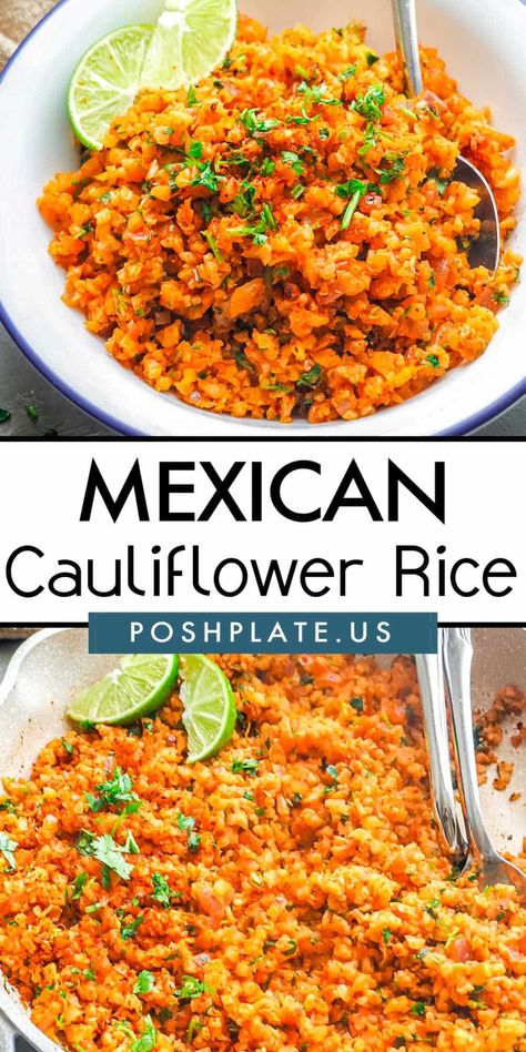 Fluffy Mexican Cauliflower Rice seasoned with sweet red pepper paste, spices, lime, and fresh cilantro. It's a completely low-carb alternative to traditional Mexican rice. Serve alongside your favorite Mexican Dish, or eat a bowl of this alone. It's dairy-free, gluten-free, and vegan! Spanish Cauliflower Rice, Mexican Cauliflower Rice, Mexican Cauliflower, Taco Side Dishes, Mexican Side Dishes, Low Carb Mexican, Cauliflower Rice Recipes, Rice Recipes For Dinner, Keto Sides